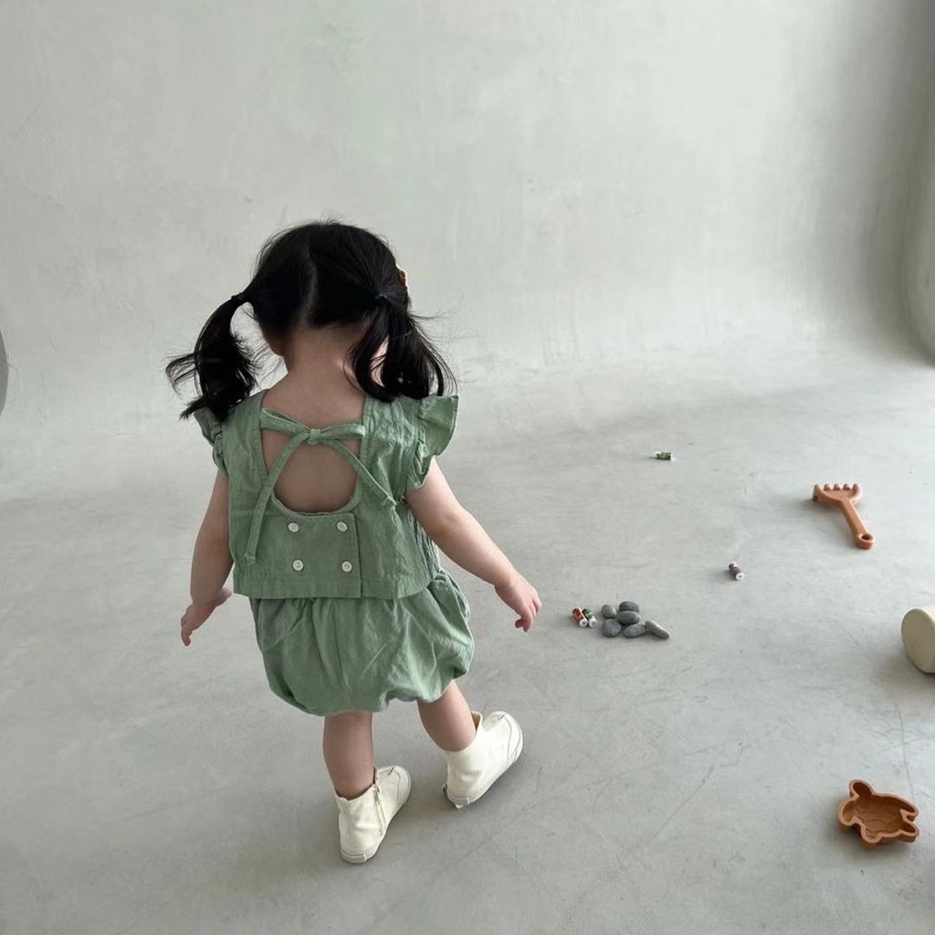 Set Đồ Mùa Hè 2 Món Gồm Áo Tay Phồng + Quần Ngắn Dễ Thương Cho Bé Gái Sơ Sinh 1L7H