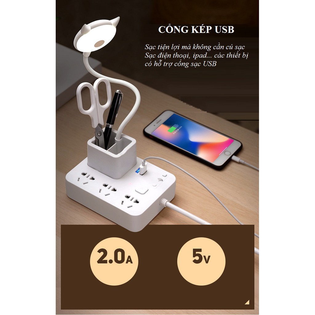 Đèn Học Bảo Vệ Mắt - Đèn Để Bàn Có Ống Đựng Bút Và Ổ Cắm Đa Năng