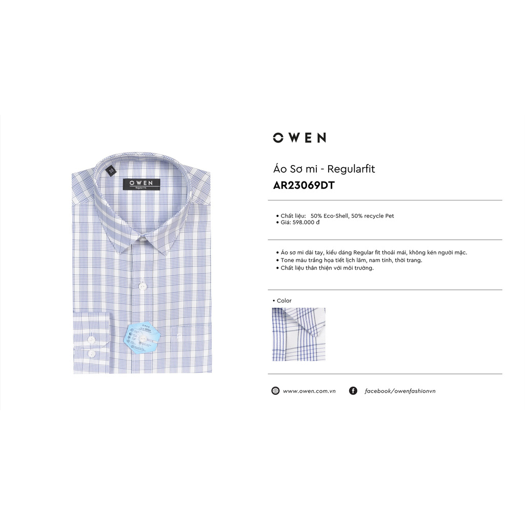 Áo Sơ Mi Nam Dài Tay Owen AR23069DT Somi Công Sở Cao Cấp Màu Kẻ Caro Xanh Trắng Dáng Regular Có Túi Vải Vỏ Sò Mềm Mát | BigBuy360 - bigbuy360.vn