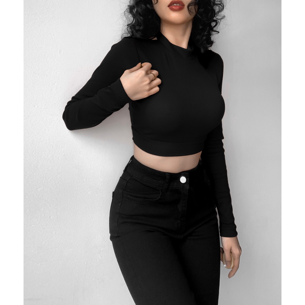 Áo croptop tay dài hở lưng buộc dây /Code A0505