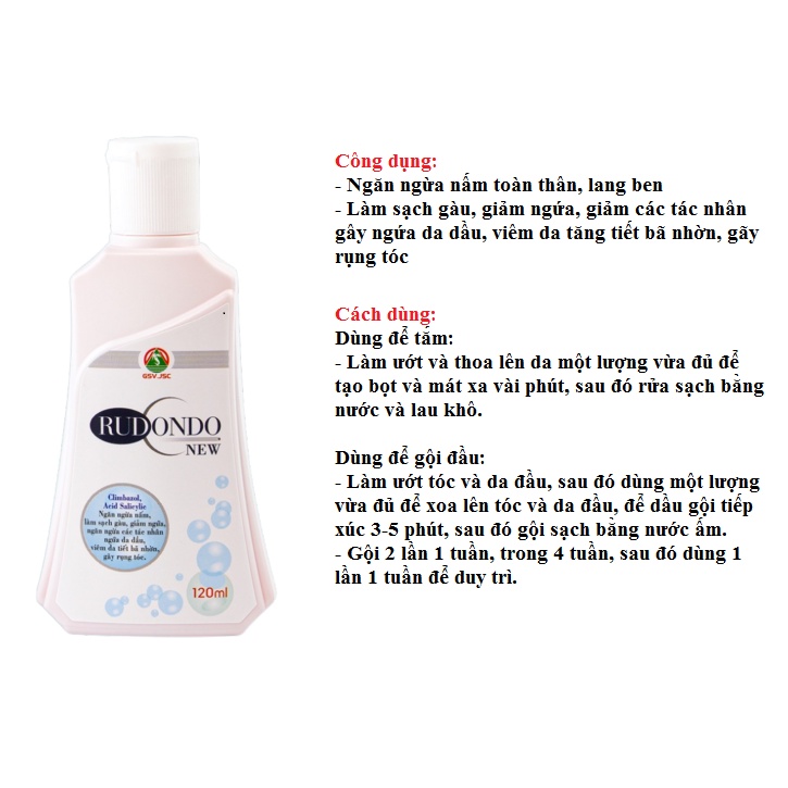 Dầu tắm, dầu gội RUDONDO NEW giảm gàu ngừa nấm toàn thân, nấm da đầu  chai 120ml