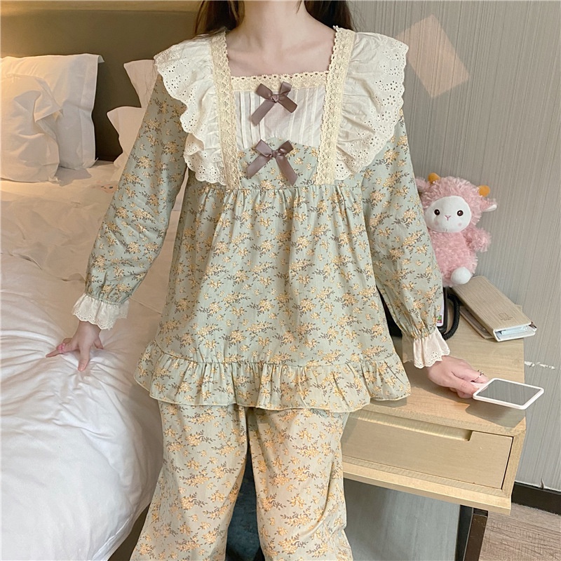 Set bộ mặc nhà hoa xanh mạ non phối ren thắt nơ quảng châu
