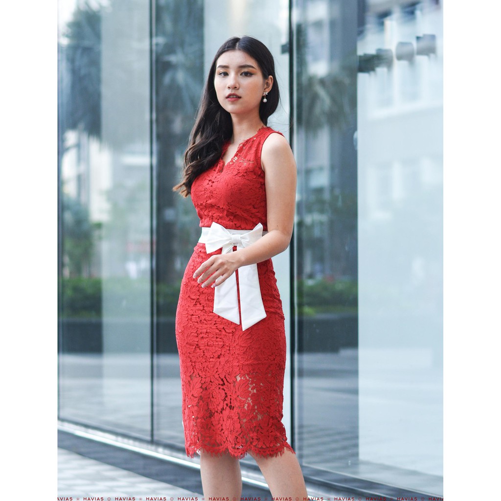 Đầm nữ HAVIAS thiết kế 2 lớp có nơ vải Ren đỏ cao cấp dày dặn