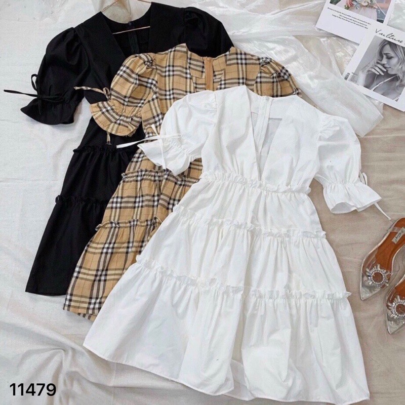Đầm babydoll viền bèo cổ V tay nơ 11479 (trắng/ đen/ caro)
