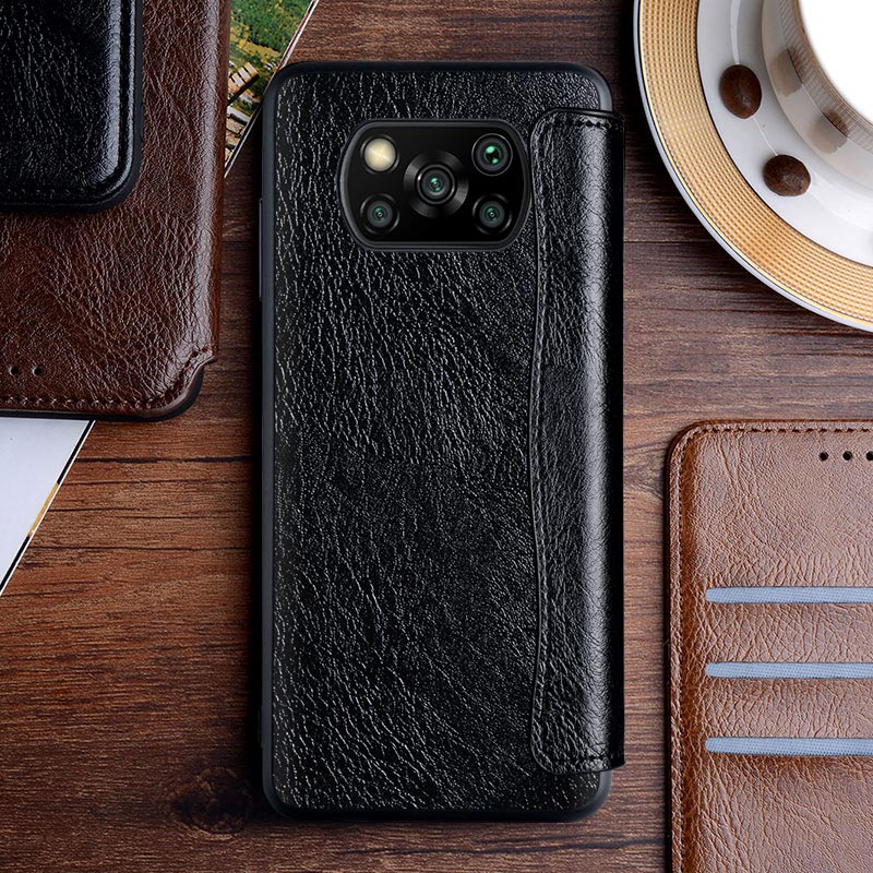 Bao da điện thoại bọc nửa có giá đỡ không từ tính sang trọng cho Xiaomi Poco X3 NFC
