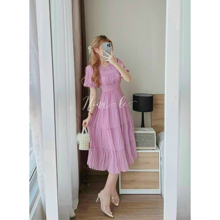 Đầm váy nữ chạy mocking dập ly cổ tròn tay búp có đủ màu dự tiệc du lịch sang chảnh