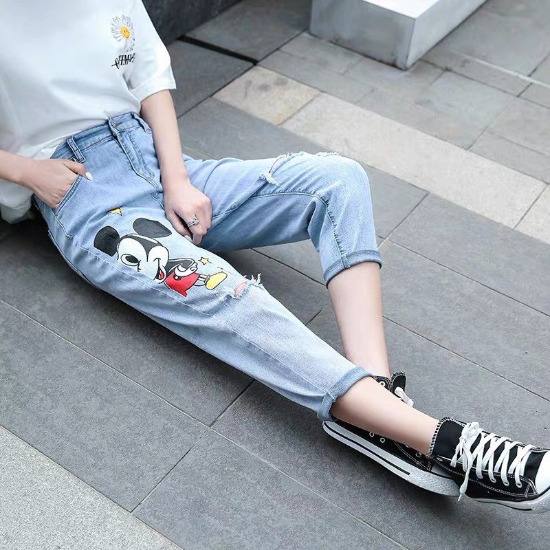 Quần jean baggy nữ màu Xanh Đá Nhạt in hình Chuột Sao Phom To đủ size MLJ