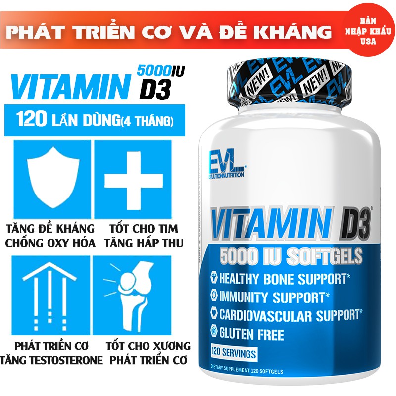 EVL Vitamin D3 5000 IU hỗ trợ nâng cao sức đề kháng (120 Lần dùng)