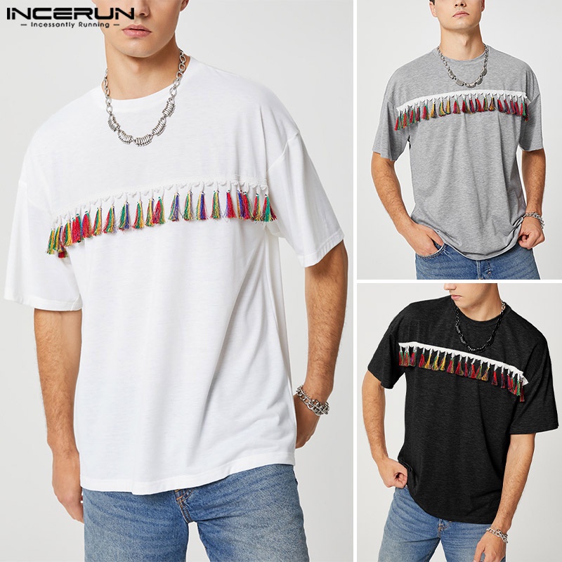 Áo thun INCERUN ngắn tay phối tua rua nhiều màu sắc phong cách dân tộc cho nam