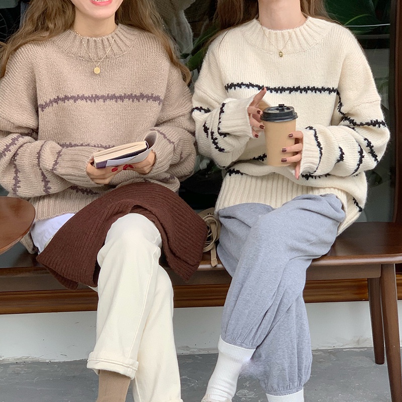 Áo sweater dệt kim tay dài cổ tròn kẻ sọc màu sắc tương phản phong cách Hàn Quốc thời trang dành cho nữ
