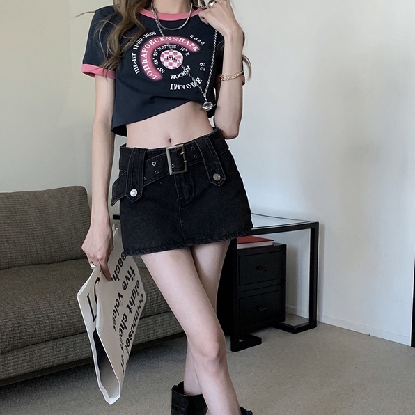 Chân váy denim ZHELIHANGFEI ngắn phối quần bên trong ôm hông phong cách Âu Mỹ cho nữ