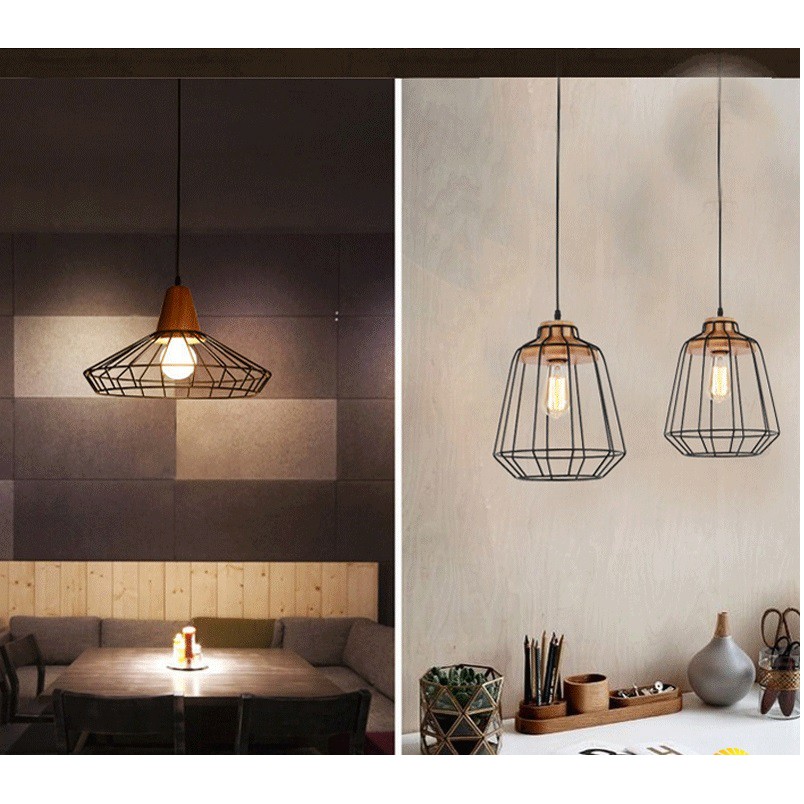 Bộ 3 Đèn thả lồng sắt đuôi gỗ dáng xòe hoa/ Hình trụ - Chưa bao gồm bóng - Bảo hành 12 tháng