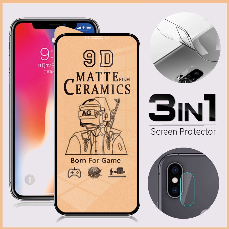 3-in-1 AG Kính Cường Lực Gốm Dẻo Siêu Dẻo Mặt trước và mặt sau và bảo vệ màn hình ống kính máy ảnh cho for iPhone XS Max Mini XR X 6 6S 7 8 Plus SE PPF sau