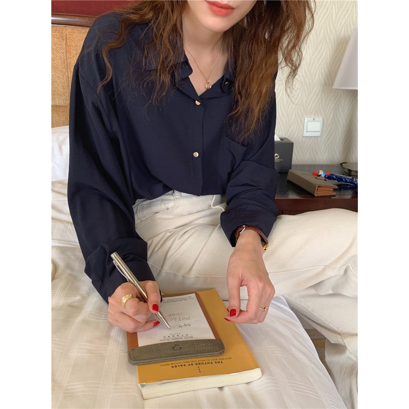 Áo sơ mi dài tay dáng rộng phối hàng nút đơn thời trang 46407