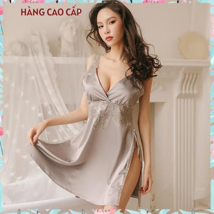 Váy ngủ sexy lụa satin đầm ngủ hai dây cổ V phối ren ngực xẻ tà cao gợi cảm (màu xám) Thư Thư [HÀNG CAO CẤP]