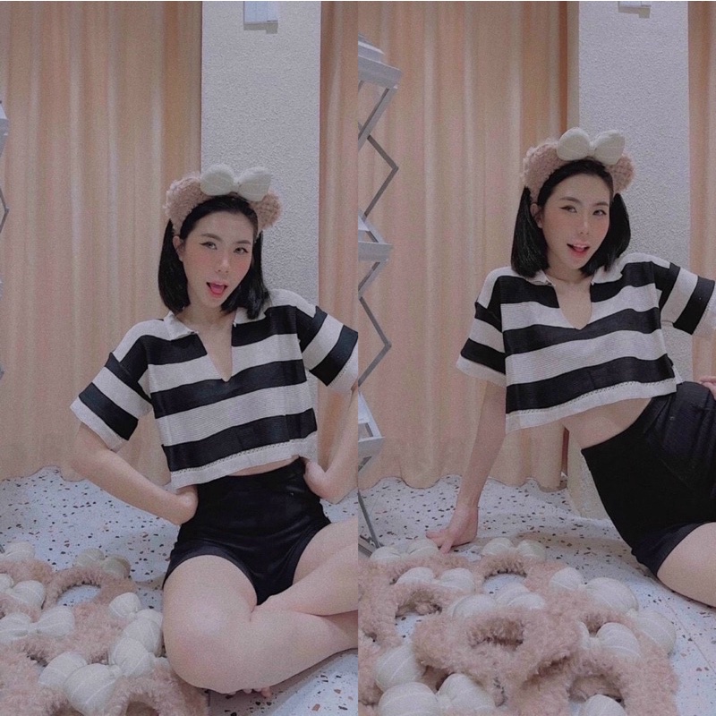 áo len croptop quảng châu cổ bẻ chữ V ngắn tay