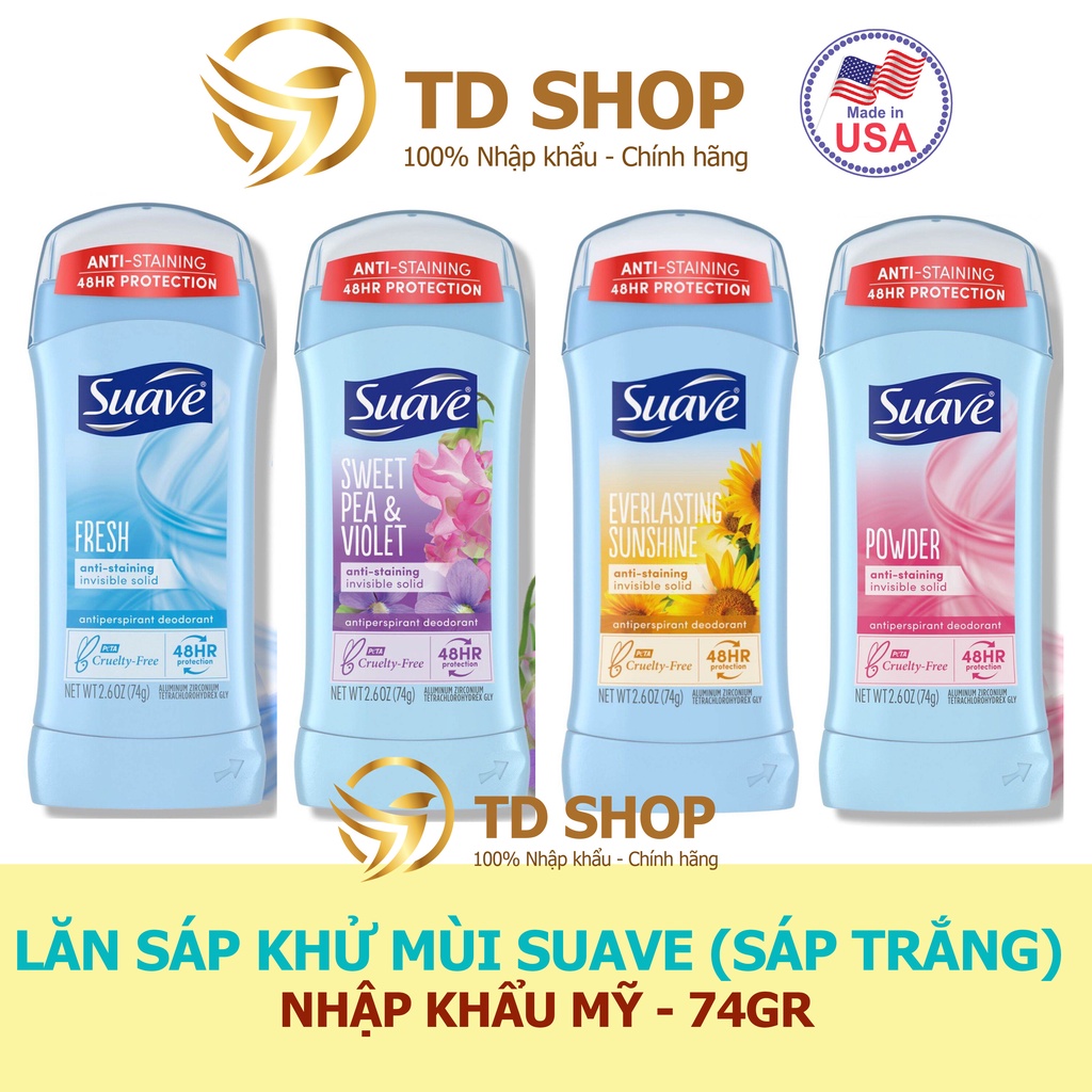 [NK Mỹ] Lăn sáp khử mùi nữ Suave 74g Powder | Sweet pea &amp; violet | Everlasting Sunshine | Tropical Paradise - TD Shop