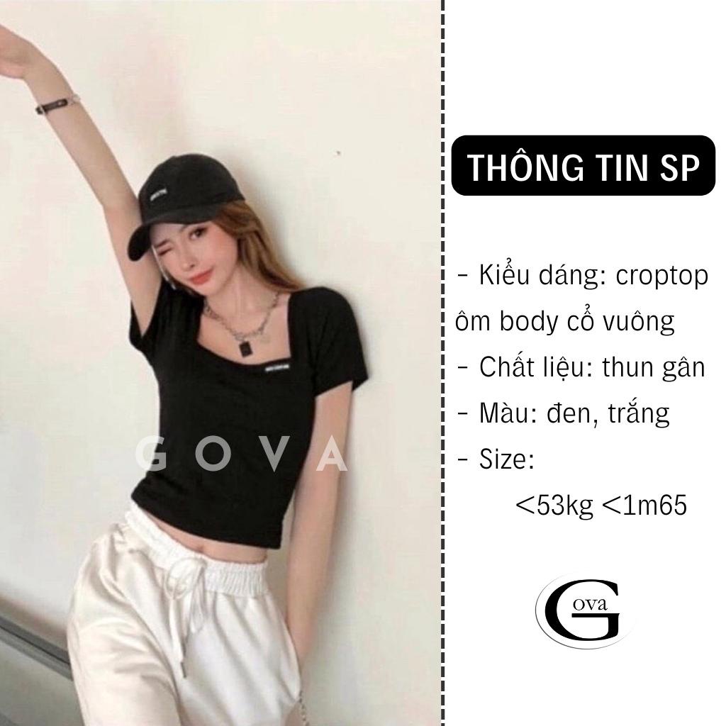 Áo Croptop GẮN LOGO CỔ VUÔNG Thun Gân Kiểu Sexy Nữ, Áo Thun Ôm Body Đẹp GOVA