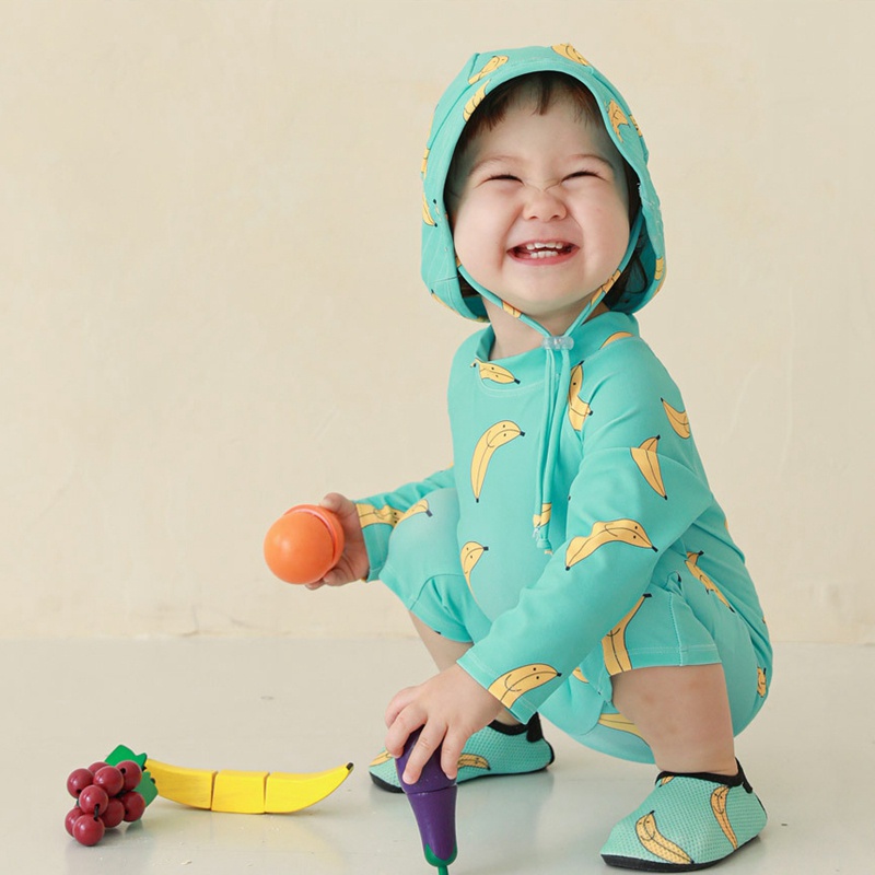 Đồ bơi liền thân tay dài in hình trái cây dễ thương cho bé 1-7 tuổi (có bán lẻ mũ)