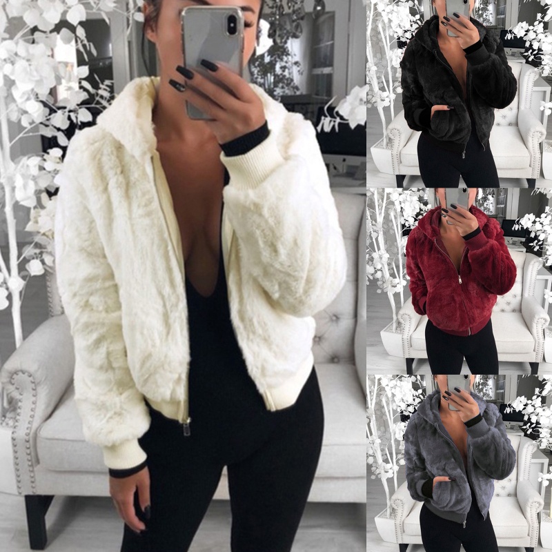 Xiangbao Áo Khoác Cardigan Nhung Lông Xù Tay Dài Màu Trơn Có Khóa Kéo Thời Trang Mùa Đông Cho Nữ