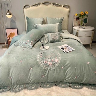 Bộ Chăn Ga Gối NỈ NHUNG THÊU HOA TRÒN LOVED / set Nỉ mịn 4 món HÀNG CAO CẤP