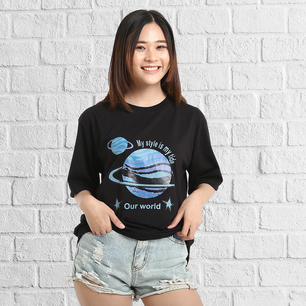 Áo thun tay lỡ phong cách unisex cổ tròn cho nam nữ in hình Trái Đất đẹp T2