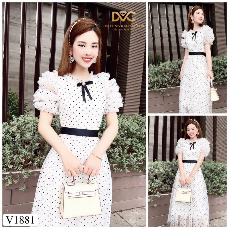 [VÁY ĐI TIỆC CAO CẤP] Váy xòe chấm bi trắng tay bồng | BigBuy360 - bigbuy360.vn