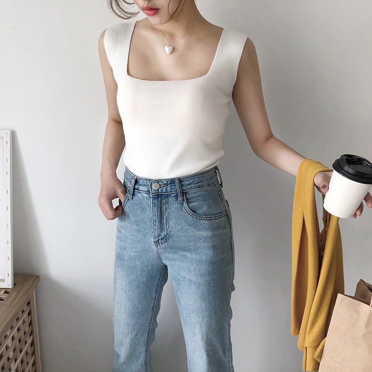 Áo thun dệt kim SUXI không tay phong cách Hàn Quốc