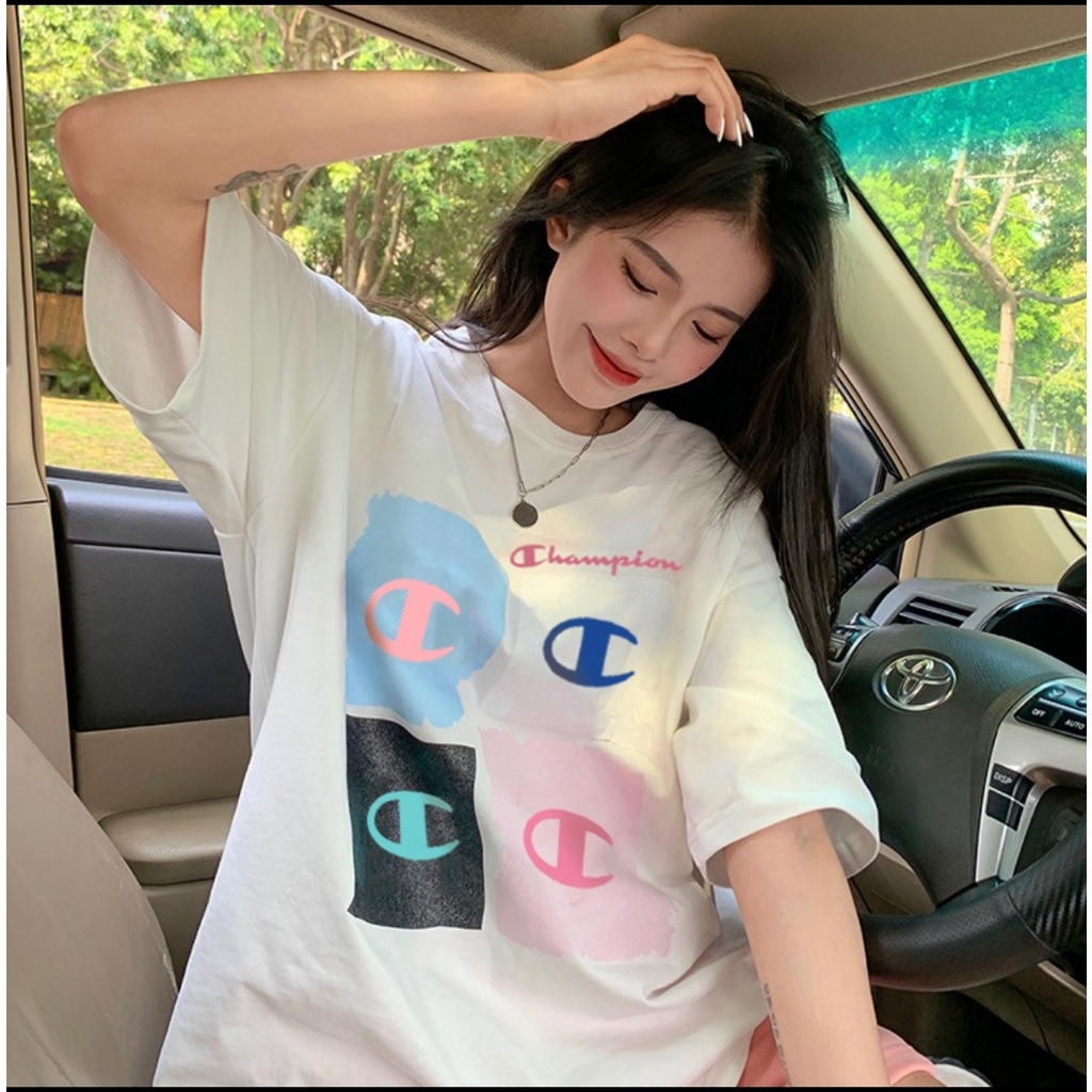 Áo thun CHAMPION 4 logo in tay thêu tay lỡ Unisex Tubee shop