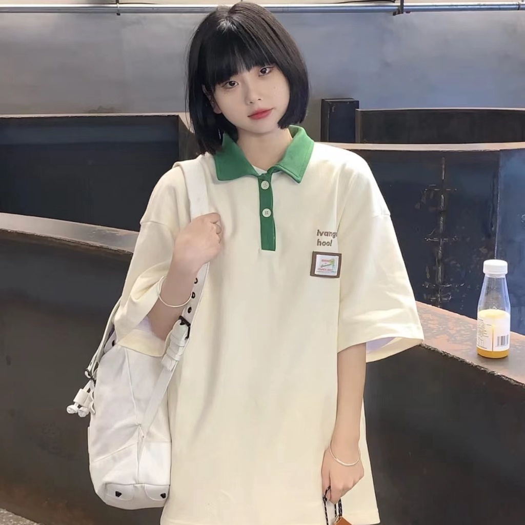 OFF-WHITE Áo Thun Tay Ngắn Dáng Rộng Cổ Polo Màu Sắc Tương Phản Phong Cách Retro Dành Cho Nữ