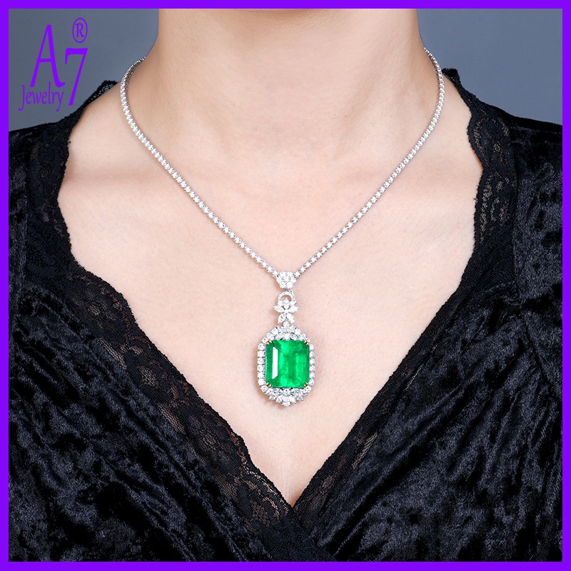 Vòng cổ Mạ Bạc 925 Mặt Vuông Đính Đá Ngọc Lục Bảo Toàn Diện Cho Nữ X4Y94
