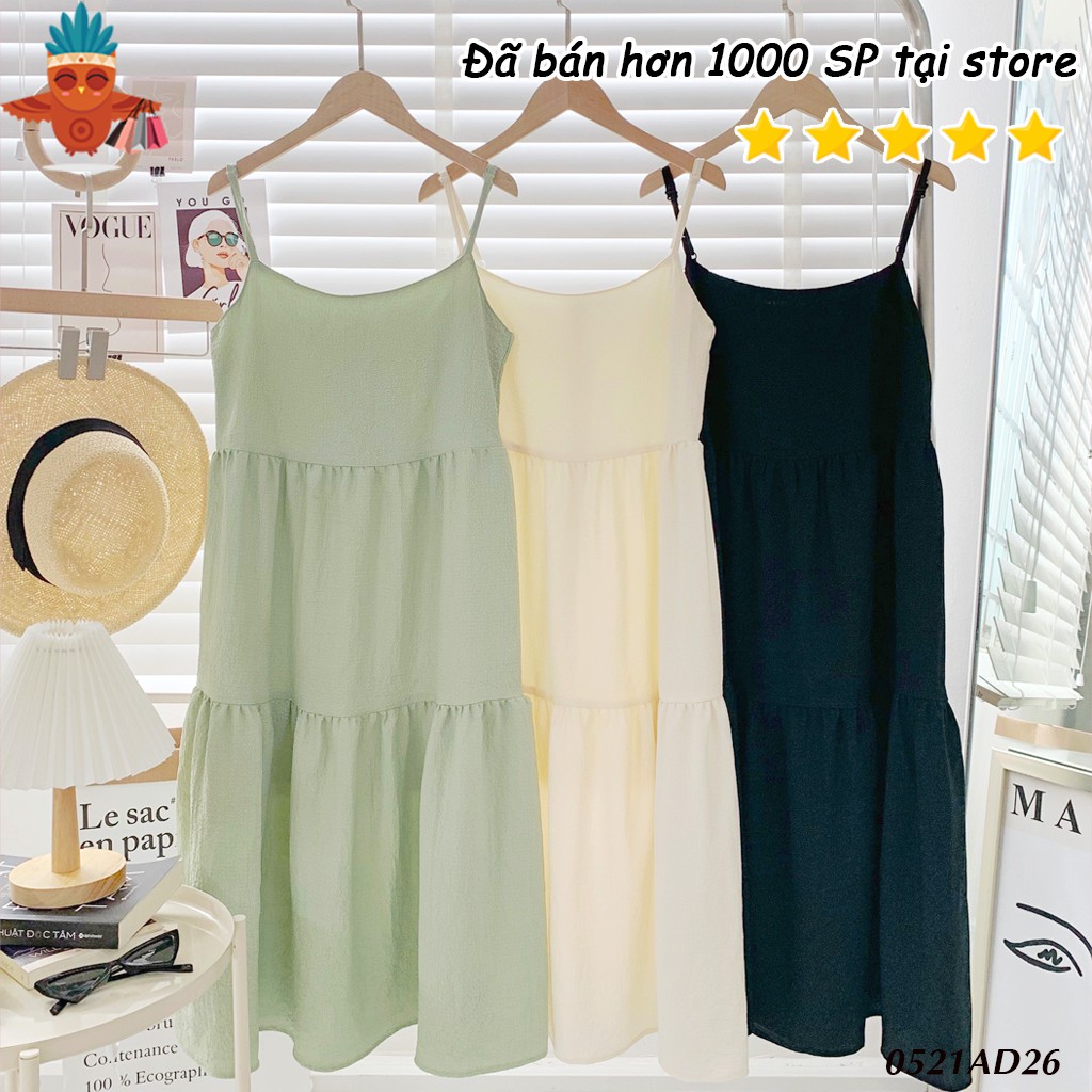 Đầm 2 dây babydoll xếp tầng trơn xanh mint, đen, kem THOCA HOUSE ulzzang phong cách Hàn xinh xắn