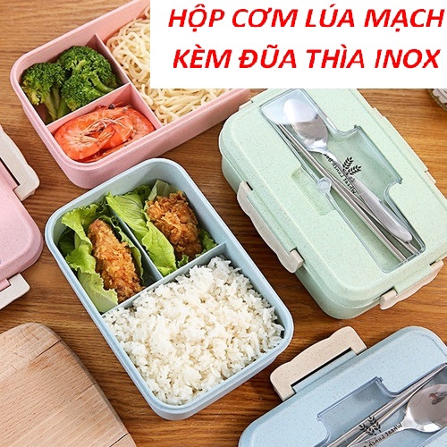 [TẶNG KÈM ĐŨA THÌA INOX] HỘP CƠM 3 NGĂN LÚA MẠCH DÙNG ĐƯỢC TRONG LÒ VI SÓNG