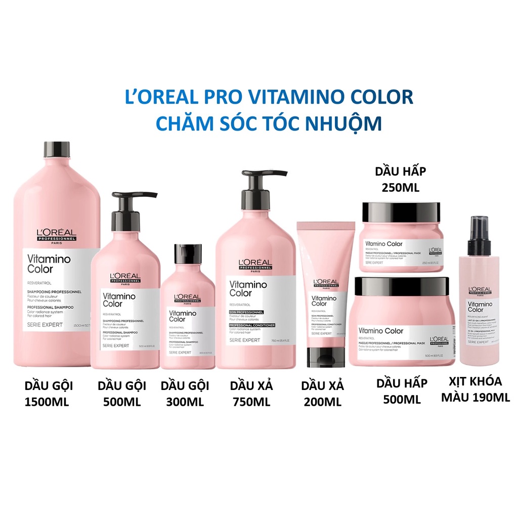 Dầu gội 300ml,500ml + Dầu xả 200ml + Hấp dầu 250ml giữ màu tóc nhuộm LOreal Serie Expert Vitamino Color