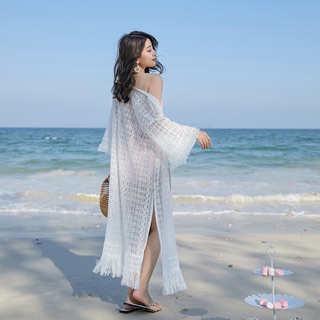 Áo kimono cardigan đi biển rộng dài xẻ tà xuyên thấu trắng