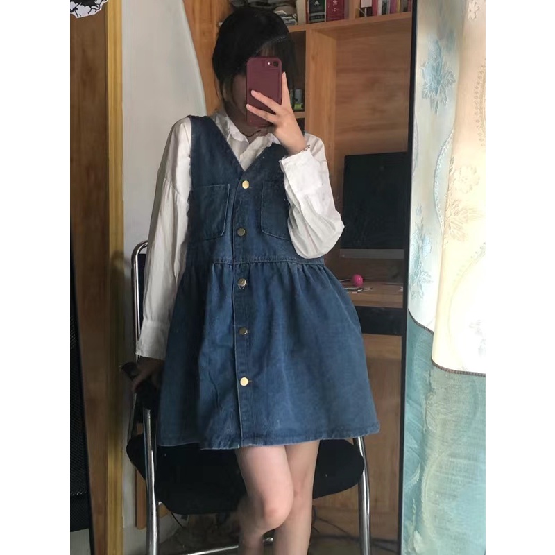 Váy vest denim retro dáng ngắn hack tuổi
