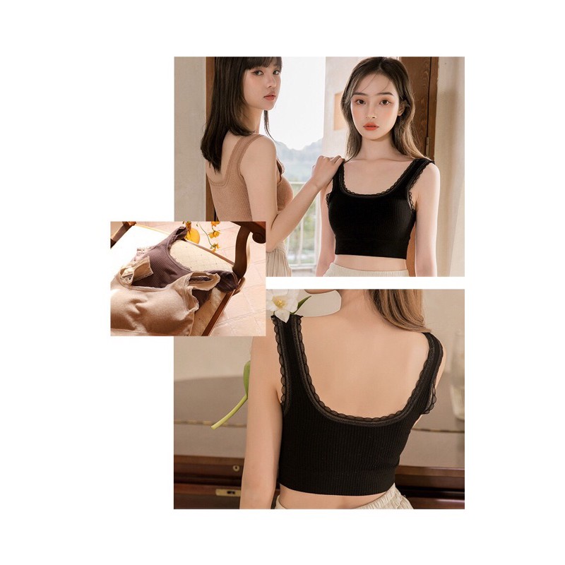 Áo bra nữ cổ vuông hở lưng chữ U hai dây ren dễ thương freesize 37-55kg - Áo croptop viền ren mút ngực