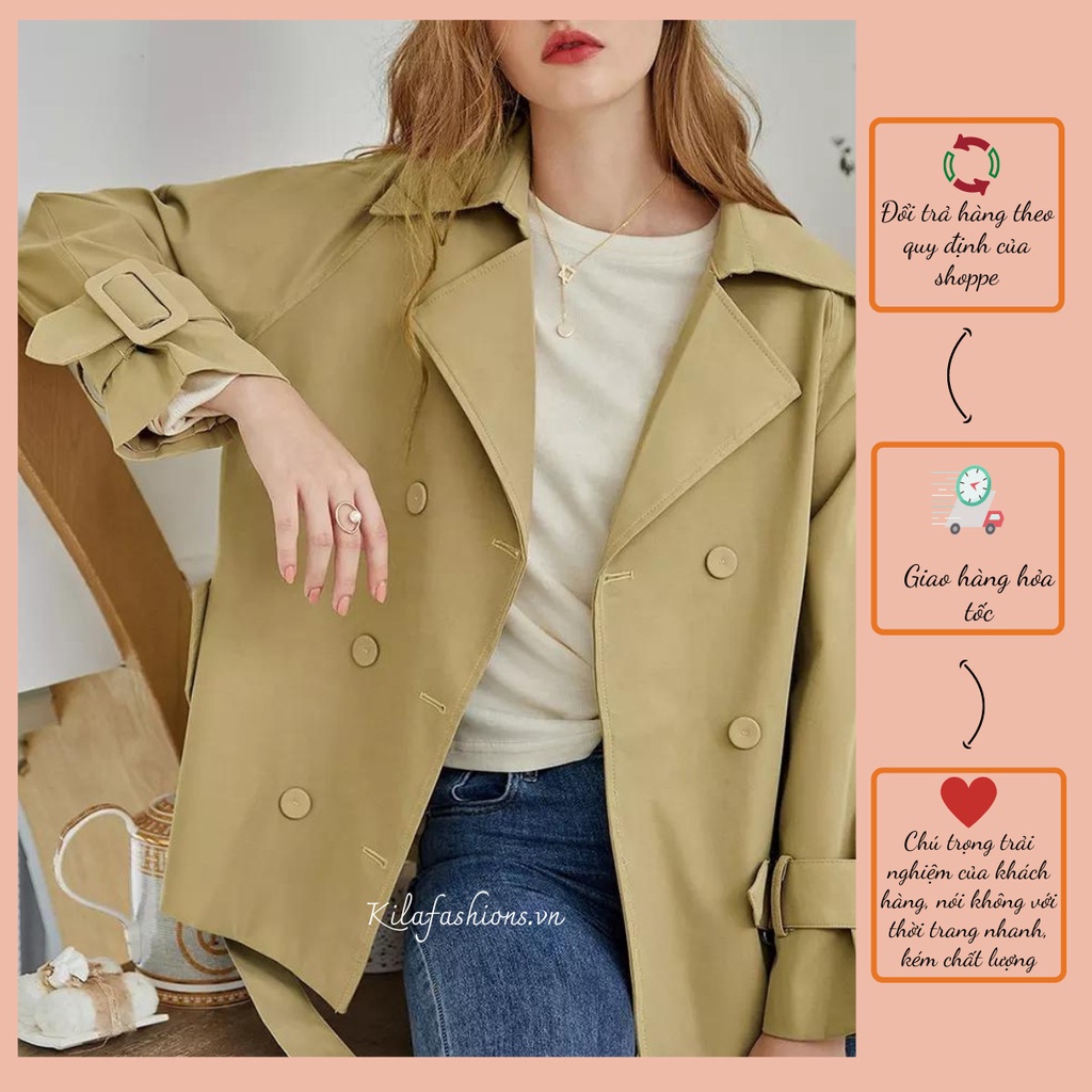 Áo Blazer, Áo Măng Tô Cổ Điển Kèm Dây Eo, Cúc Bọc, Chất Kaki Mịn Cao Cấp Gồm 2 Màu Sữa Và Màu Be, V02- Kilafashions.vn