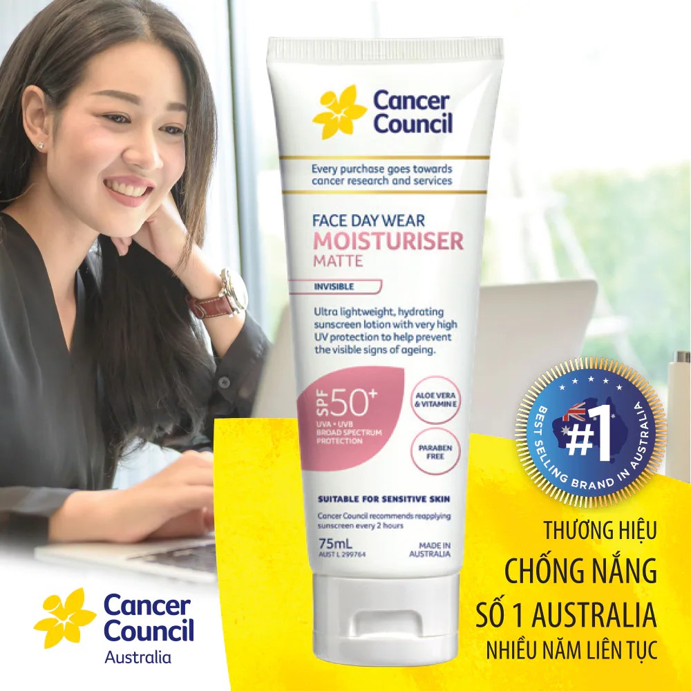CANCER COUNCIL Kem Chống Nắng Face Day Moisturizer Invisible Hồng mỏng nhẹ SPF50+ UVA-UVB 75ml