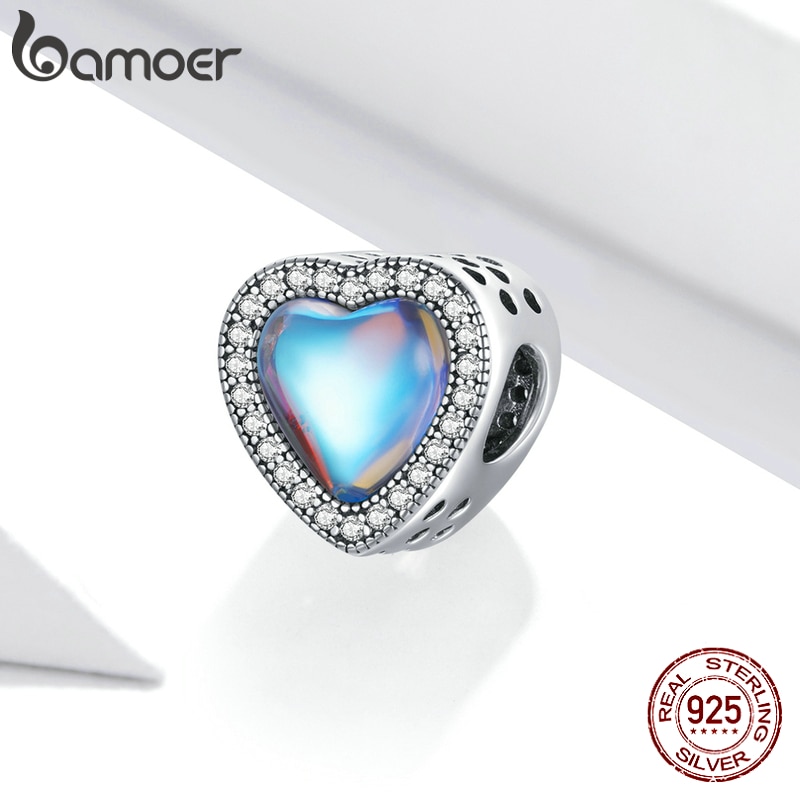 Mặt Vòng Tay Bamoer BSC419 Bạc 925 Đính Đá Mặt Trăng CZ Xanh Lam Hình Trái Tim Làm Quà Cho Ngày Của Mẹ