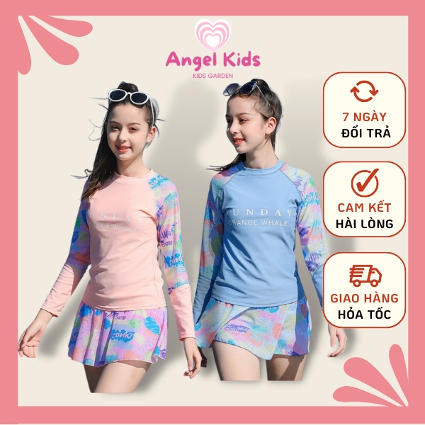 Đồ bơi bé gái, đồ bơi dài tay bé gái SIZE ĐẠI dạng váy kèm quần đùi Sunday chống nắng 2204