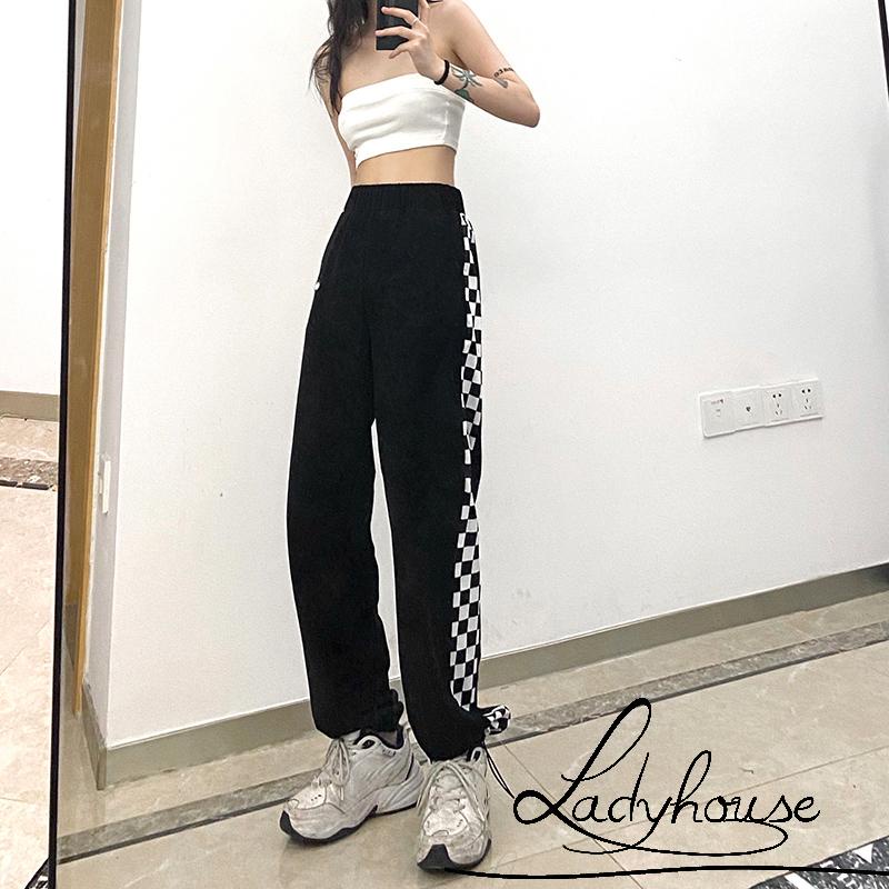 Quần Dài Lưng Cao Dáng Rộng Họa Tiết Sọc Caro Màu Đen Thời Trang Cho Nữ