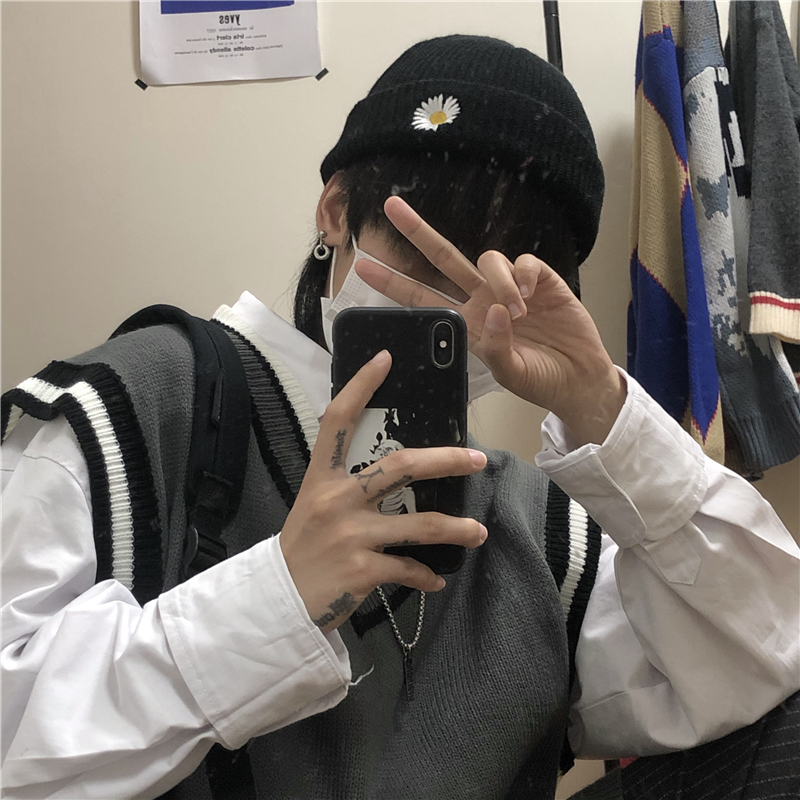 HIPSTER Mũ Len Dày Thêu Hoa Cúc Phong Cách Retro