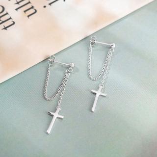 Bông tai hình chữ thập phối chuỗi dây mắt xích thời trang phong cách hiphop