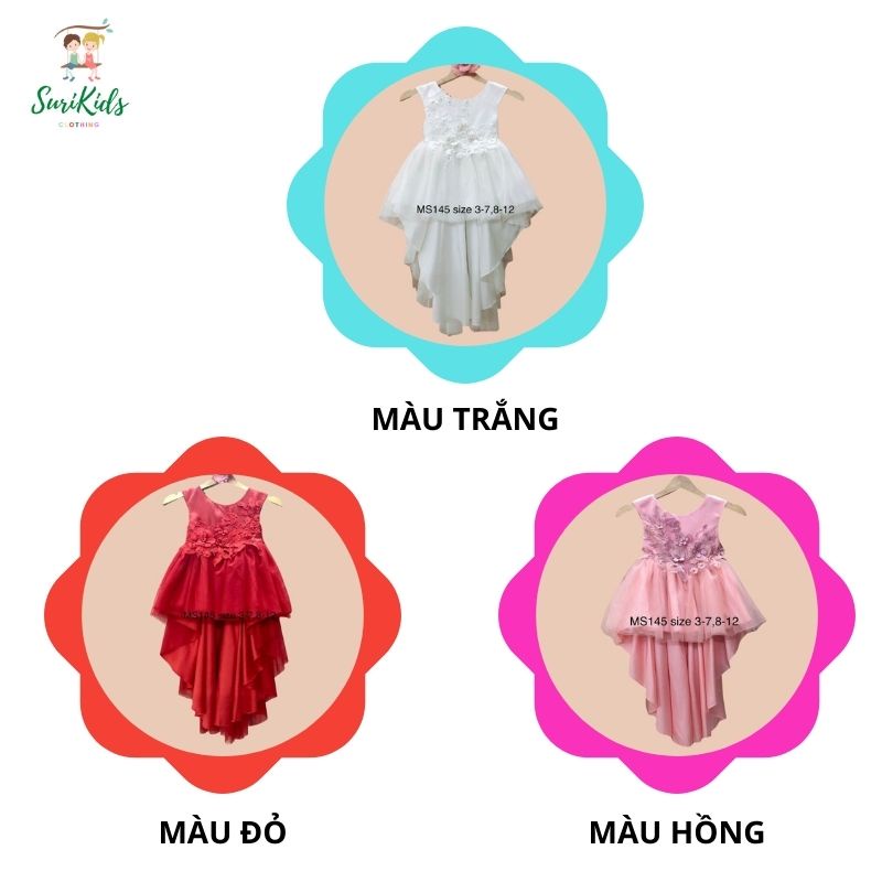 Đầm công chúa bé gái cao cấp - SURIKIDS - Váy dài dự tiệc đuôi cá cho bé gái 3-10 Tuổi, 15-33kg, CC05S