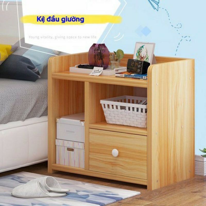 Tủ,kệ đầu giường vuông góc ngăn kéo màu gỗ tiện lợi 40x26x32.5cm