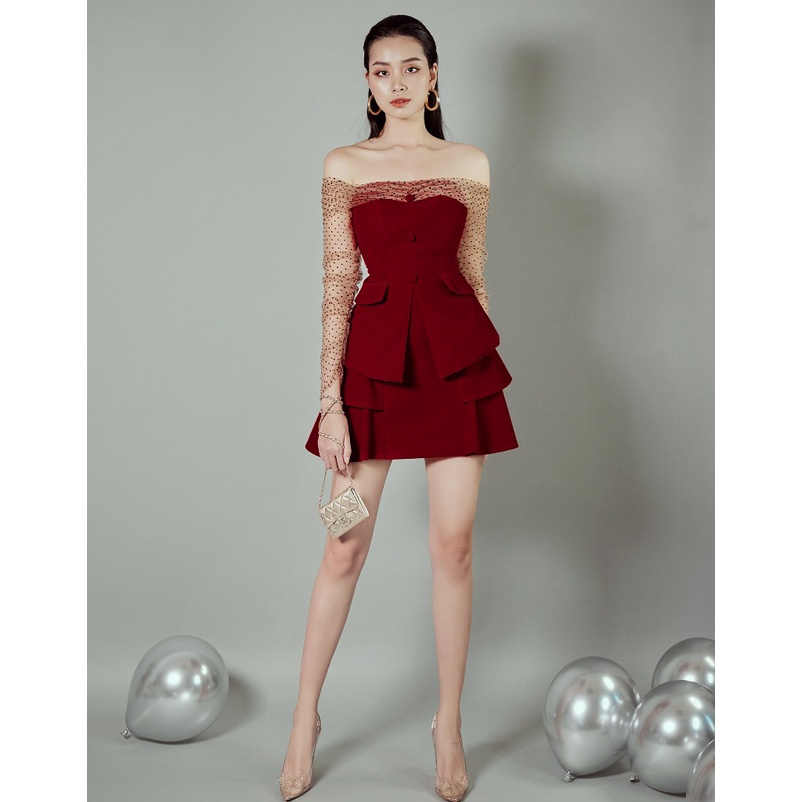 Set Chân váy xòe chữ A xếp tầng nhung cứng mix Áo cúp ngực tay dài phối lưới chấm bi kiểu Hàn LOLEM Clothing - Sv223