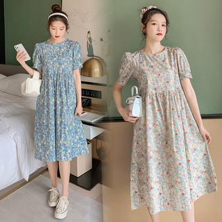 Váy bầu hoa nhí HOT TREND 2021 - Váy bầu thiết kế trẻ trung sang chảnh - màu Xanh / Đỏ / Tím / Nude - chất vải đũi Thái