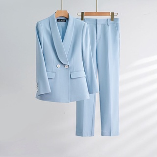 Set vest nữ thiết kế cổ, quần ống đứng màu xanh Quynh Design SV012