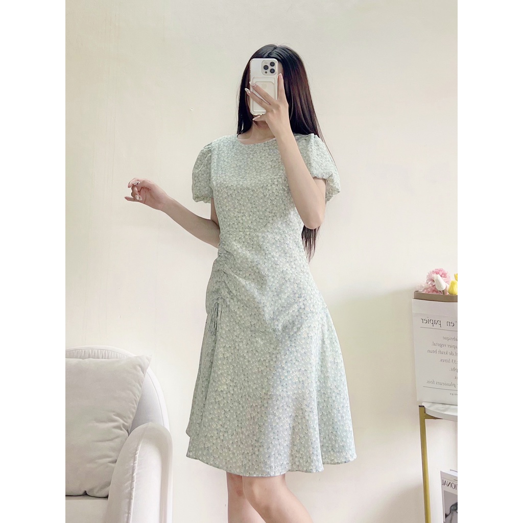 Váy thiết kế AURORA hoa nhí 2 lớp nhún eo cổ tròn bóp eo hack dáng tôn da chất liệu tơ dệt thoáng mát